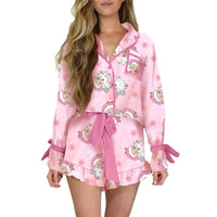 Women's Printed Satin Multi-color Long Sleeve Shorts Loose Loungewear