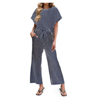 Womens Striped Short-Sleeve T-Shirt And Wide-Leg Pants Set With Pockets