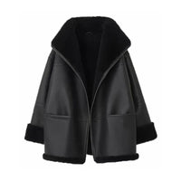 Womens Shearling Coat With A Large Turn-Down Collar And Integrated Fur And Fabric