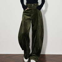 Womens Green Corduroy Casual Pants Wide-leg Style