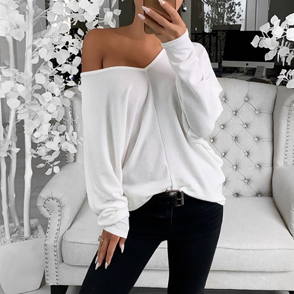 V-neck Lapsed Sleeves Loose Long-sleeved Top T-shirt For Women