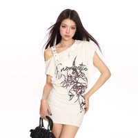 Graffiti Slant-Neck Off-Shoulder Short-Sleeve T-Shirt Women's