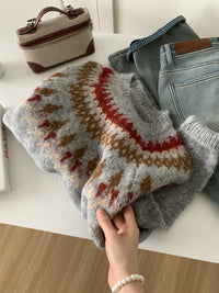Loose Leisure All-matching Thick Warm Contrast Color Brocade Sweater