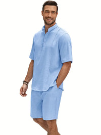 Men's 2 Pieces Linen Set Henley Shirt Short Sleeve And Shorts Summer Beach Yoga Matching Outfits