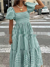 Plaid Square-neck Puffed-sleeve Pleated Dress