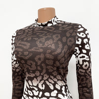 Sexy Leopard Print Long Sleeve Hollow Jumpsuit