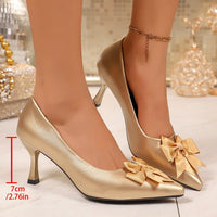 Gold Satin Bow Pointed Toe Stiletto Pumps