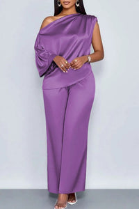 Spot 2026 European And American Cross-border Summer Casual Women's Satin Suit Slanted Collar Short-sleeved Top Trousers Set