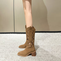 Embroidered Western Cowboy Boots With Chunky Heels And V Neck Cutout Knight Boots