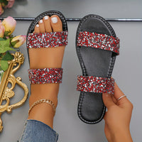 Rhinestone Lightweight Flat Slides - Women's Double Bands