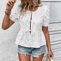 Solid Color Sweet Lace Puff Short Sleeve Shirt
