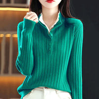 Fake Two-piece Half-open Collar Button-up Sweater Women