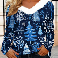 Women's Long Sleeve Christmas Print Party Furry Collar V-Neck Top
