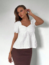 V-neck Fashionable Simple Puff-sleeve Top For Women