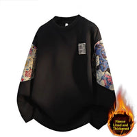 Ethnic-style Vintage Crewneck Fleece-lined Long-sleeve Top