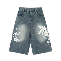 High-street Design Lace Print Slimming Wide-leg Cropped Pants