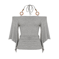 Retro Striped Off-Shoulder Flare-Sleeve T-Shirt