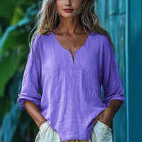 Womens Casual Loose Fashion Cotton-Linen Long-Sleeve V-Neck Solid Color Top
