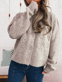 Simple Casual Flower Cardigan Round Neck Long Sleeve Sweater