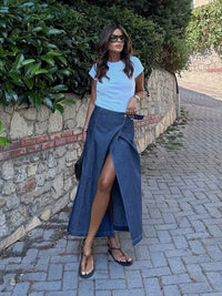 High-waist Asymmetric Slit A-line Denim Midi Skirt For Women