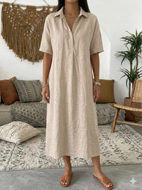 Straight-cut Comfortable Linen Short-sleeve Dress With A Polo Collar