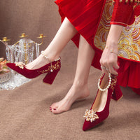 Wine Red Pointed Toe Chunky Heel Wedding Shoes For Women