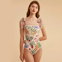 Vintage French Double Sided Print Slim One-Piece Swimsuit