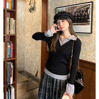 Polo-neck Flared Long-sleeve Elegant Sweater Top