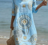 Women's Casual Round Neck Mid Sleeve Print Cotton And Linen Dress