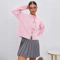 European And American European And American Leisure Loose Cardigan Lace-up Solid Color Knitted Sweater For Women