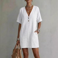 Casual Comfortable Cotton-Linen Pocket Dress With Buttons