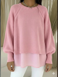 Solid Color Casual Crew Neck Sweater With A Chiffon Hem And Puff Sleeves