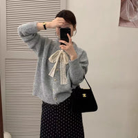 New Lace Lace-up Round Neck Heart Buckle Long Sleeve Plush Knitted Cardigan