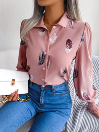 Women's Elegant Feather Lantern Sleeve Lapel Shirt