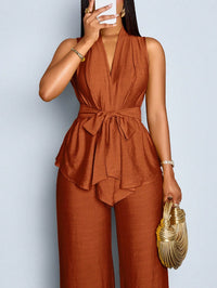 Elegant Solid-color Sleeveless Top With Tie Details And Wide-leg Pants Two-piece Set