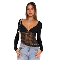 Autumn New Solid Color Lace Patchwork Top Womens Clothing
