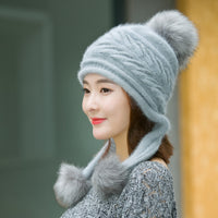 Ladies Rabbit Fur Knitted Pullover Hat To Keep Warm