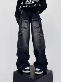 Street Design Wide-leg Workwear Trousers Men's And Women's Loose Straight Washed Retro Jeans