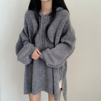 Korean-style Relaxed-fit Knitted Hoodie With A Laid-back Vibe And Puffed Sleeves
