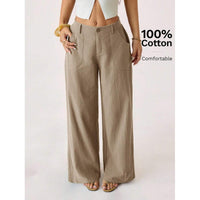 New Cotton-linen Womens Mid-rise Casual Commuter Wide-leg Pants
