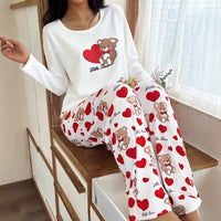 Womens Crew-Neck Bear And Heart Print Long-Sleeve Pajama Set With Long Pants