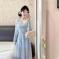 French Style Elegant Blue Lace Slip Dress For Women