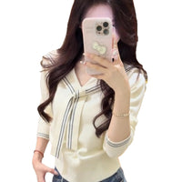 Sailor Collar Lace-up Striped Knitted Coat Women's Sweater