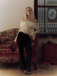 Off-shoulder Collar Long Sleeve Clinch Splicing Knitwear