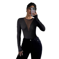 New Womens Sexy Front-chest Mesh-panel Hollow-out Long-sleeve Top