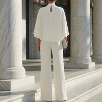 Womens Solid-Color Semi-High Neck Top And High-Waisted Wide-Leg Pants With Side Slits Outfit