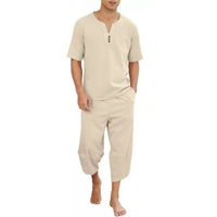 Casual V-neck Short-sleeve Top And Loose Cropped Pants Breathable Cotton-linen Athletic Set