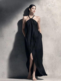 Womens Cinched Waist Side-Slit Halter Dress