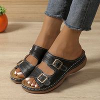 Women's Carved Belt Buckle Platform Wedge Lightweight Sandals