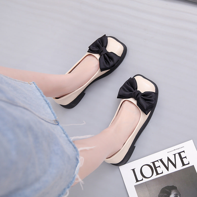 Chunky Heel Platform Loafers Spring And Summer New Retro Square Toe Bow Patent Leather Pumps Women